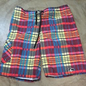 O'Neill Red and Blue Swim Trunks Vibrant Plaid Design
